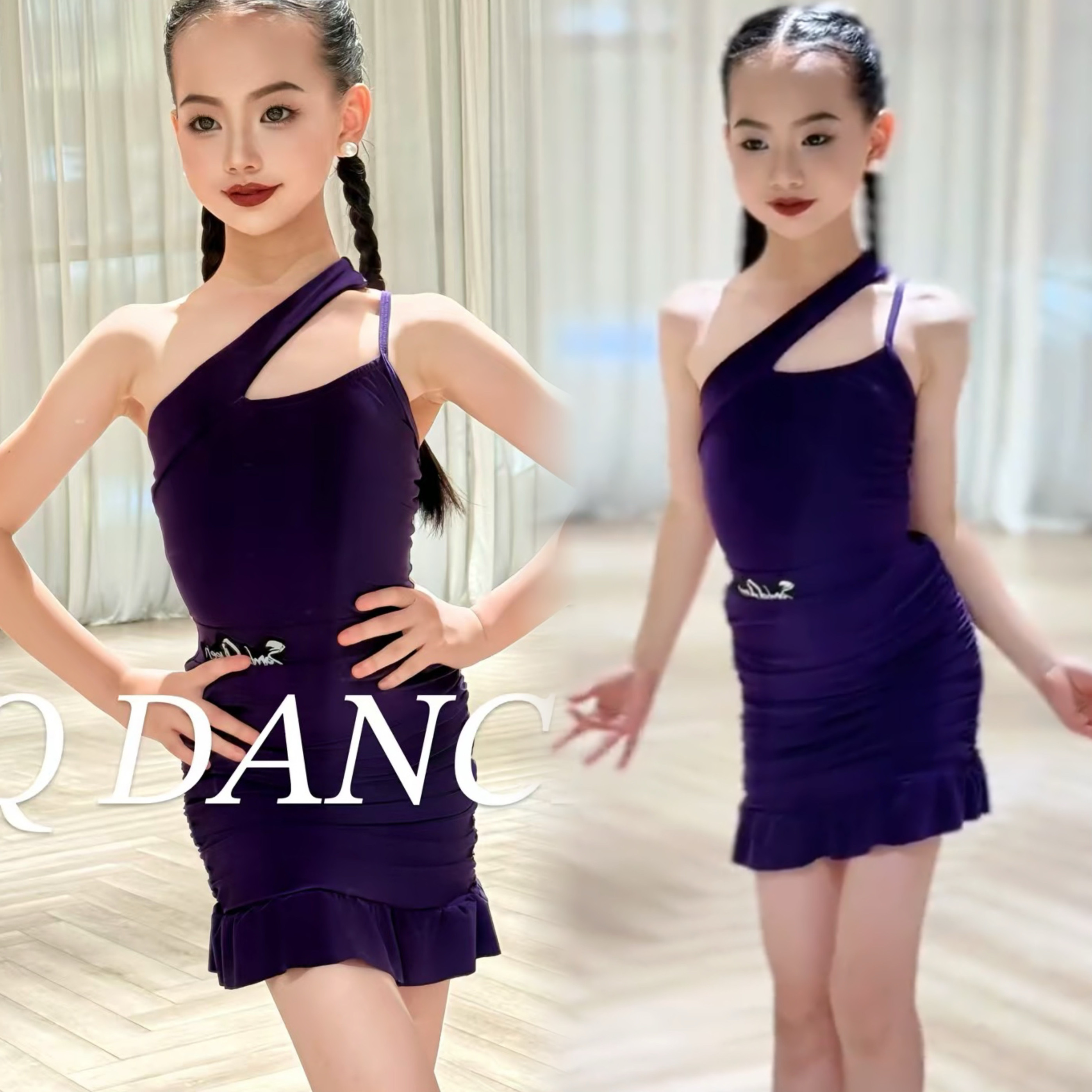 SQ舞服少儿拉丁舞夏季紫色新品吊带分体练习服女童表演服跳舞
