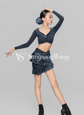 sswang舞服少儿拉丁舞秋冬长袖花边短上衣公主v腰褶皱半裙练习服