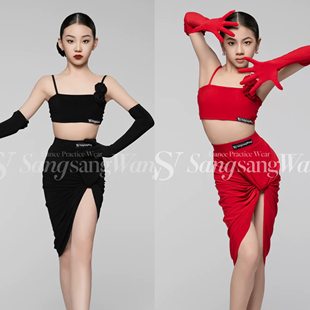 sswang 舞服少儿拉丁舞新款扭扭吊带花朵斗牛摩登手套练习服女童