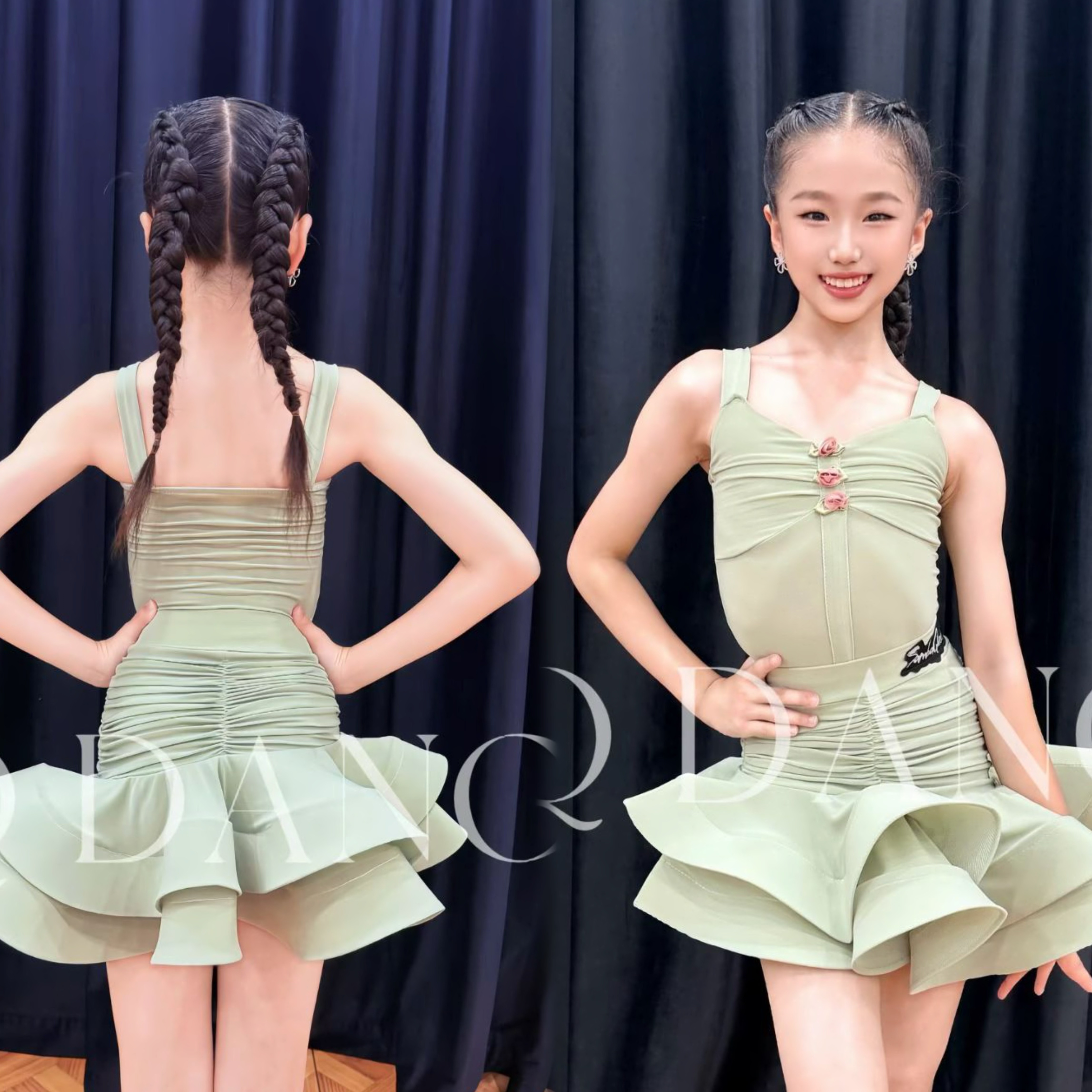 SQ舞服少儿拉丁舞女童绿色花朵吊带褶皱双层鱼骨套装吊带夏季