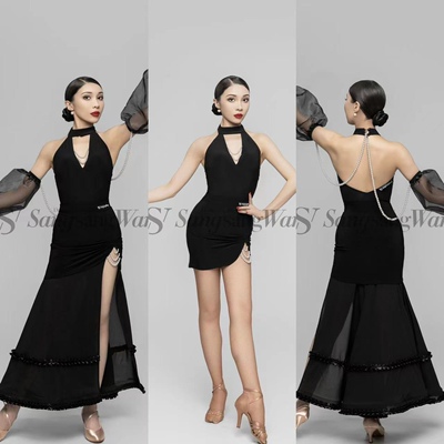 sswang舞服拉丁舞摩登舞女士三件套珍珠大裙摆练习服艺考服露背