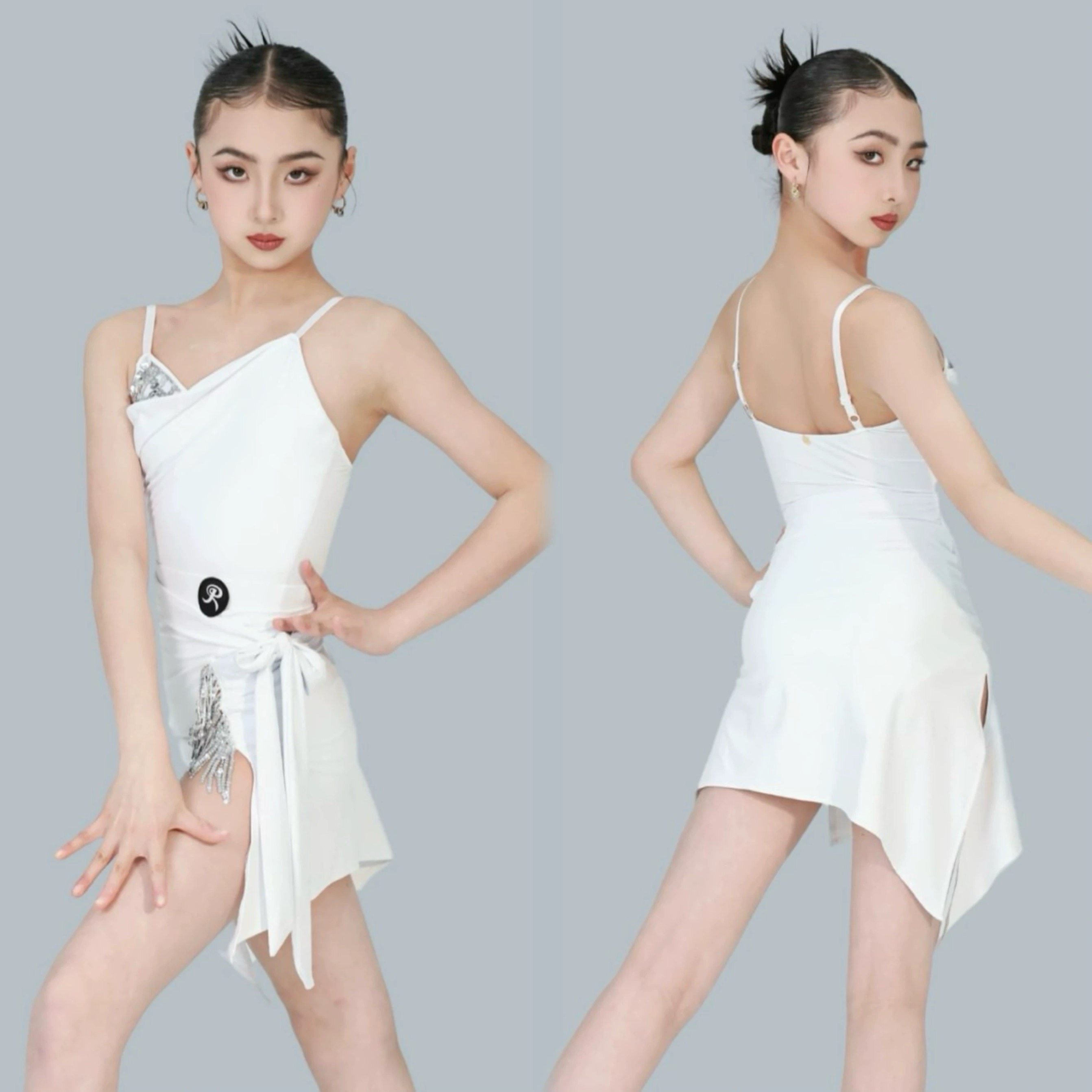 R design舞服少儿拉丁舞亮片设计优雅白色吊带练习服女童跳舞表演