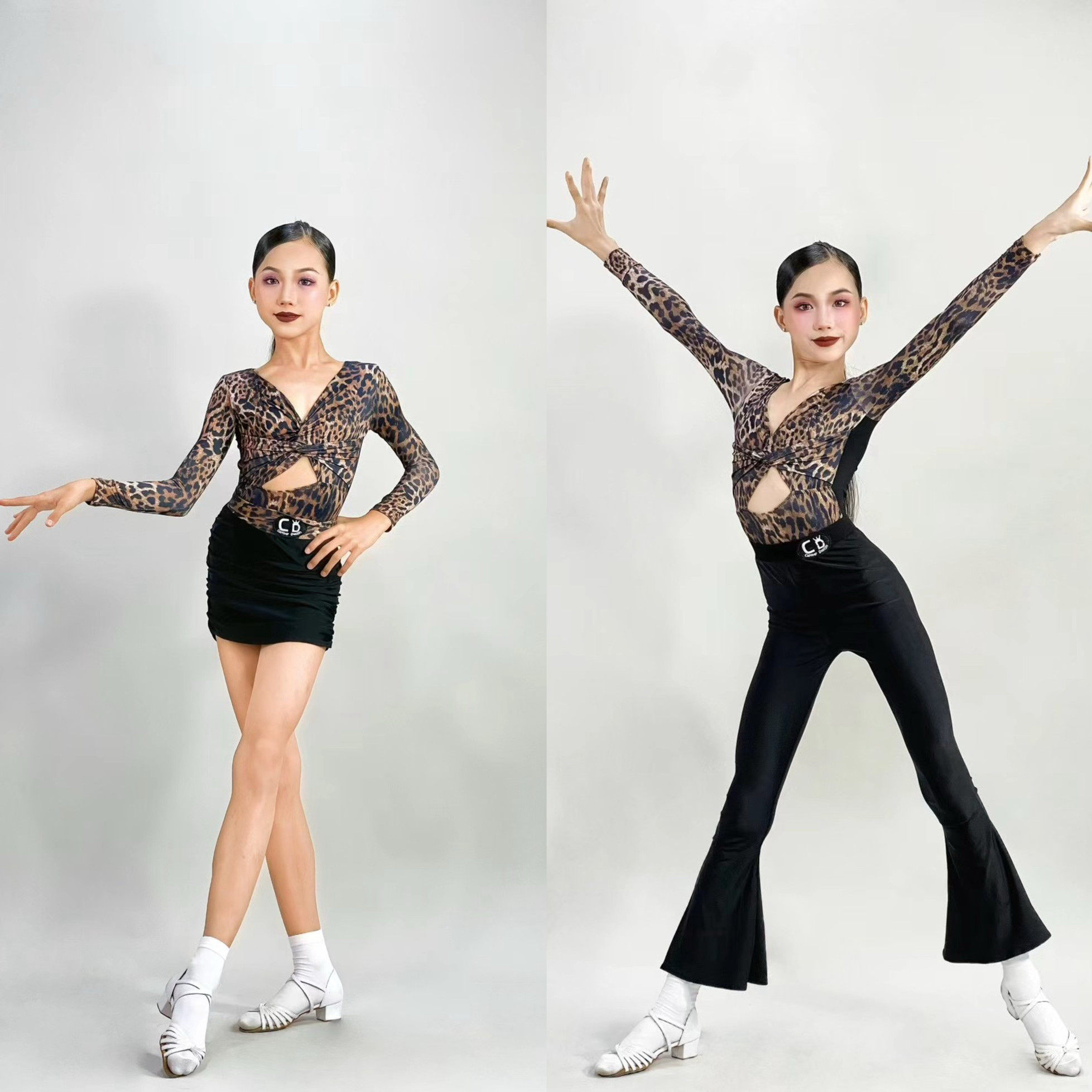 卡门舞服少儿拉丁舞豹纹长袖裤子裙子三件套练习服秋冬保暖跳舞