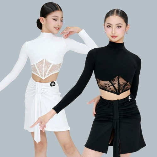 R原创舞服少儿拉丁舞秋冬蕾丝物语长袖分体练习服女童跳舞高级