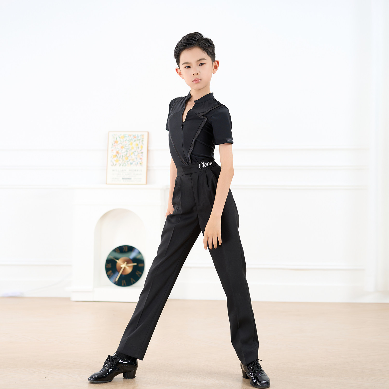 歌瑞亚拉丁舞服男童v领短袖2026新款夏季日常训练功表演舞蹈服