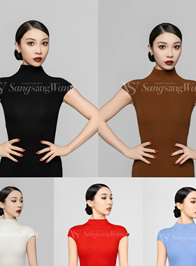 sswang舞服女士拉丁舞春夏无袖坎袖螺纹上衣教师服小高领练习服