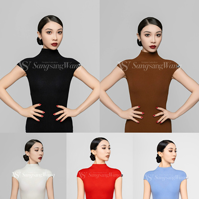 sswang舞服女士拉丁舞春夏无袖坎袖螺纹上衣教师服小高领练习服
