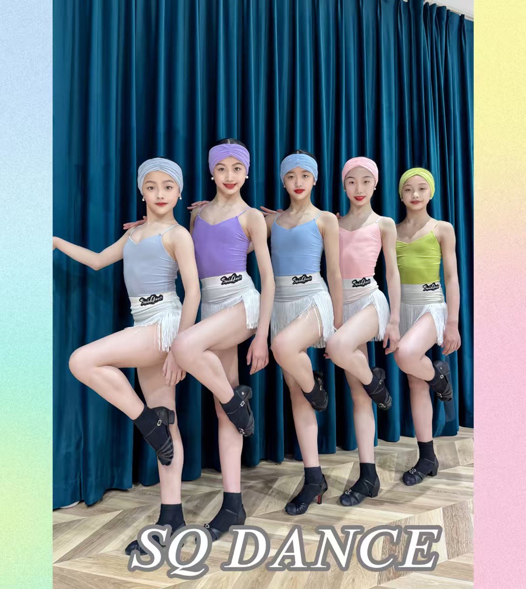 SQ舞服少儿拉丁舞春夏马卡龙色吊带套装流苏可爱表演服发带女童