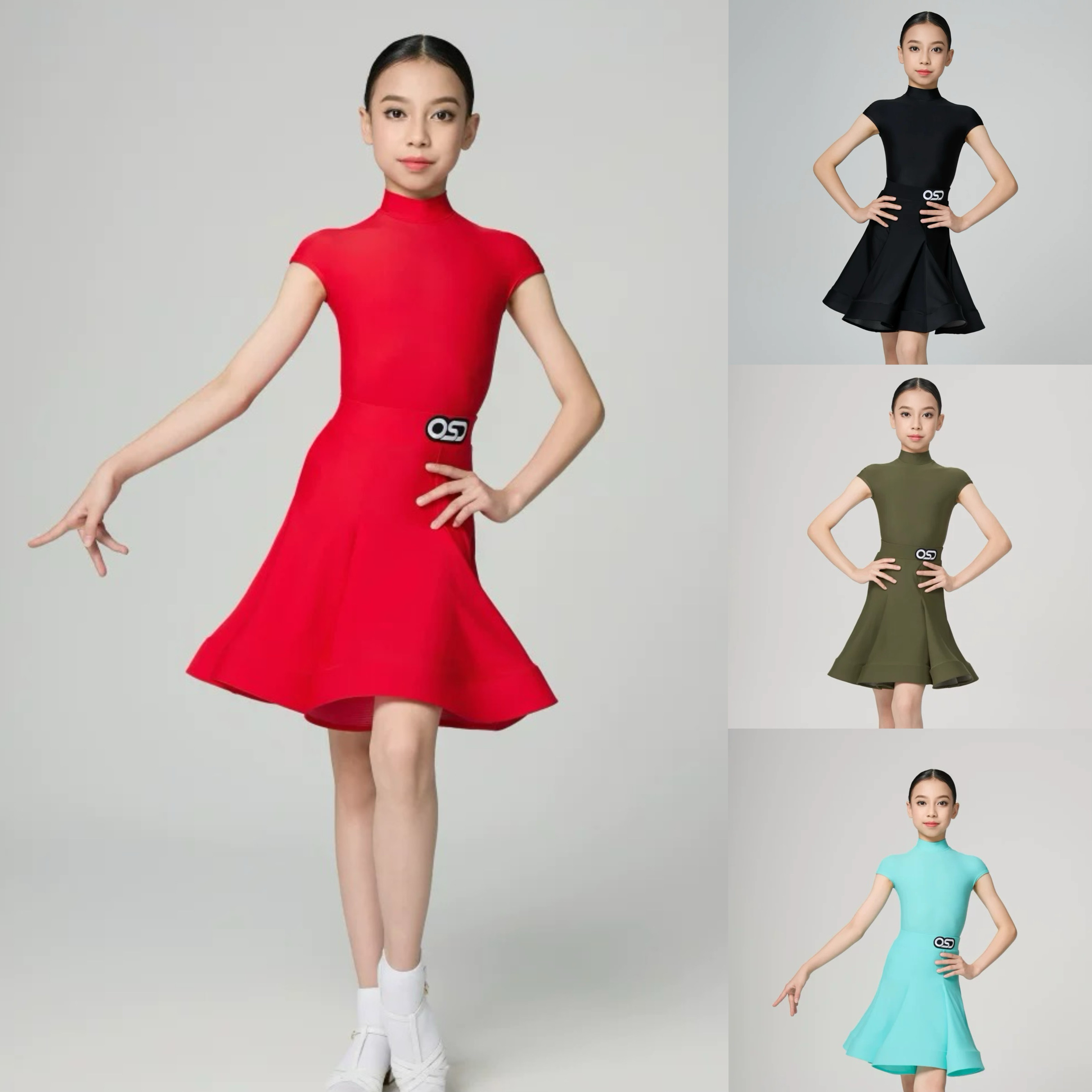 OSD舞服少儿拉丁舞女童标准比赛服欧标哑光高领包肩短袖款跳舞