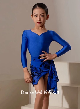 Jacks国标女童拉丁舞练习服套装定制量身小花领蓝色套装长袖黑花