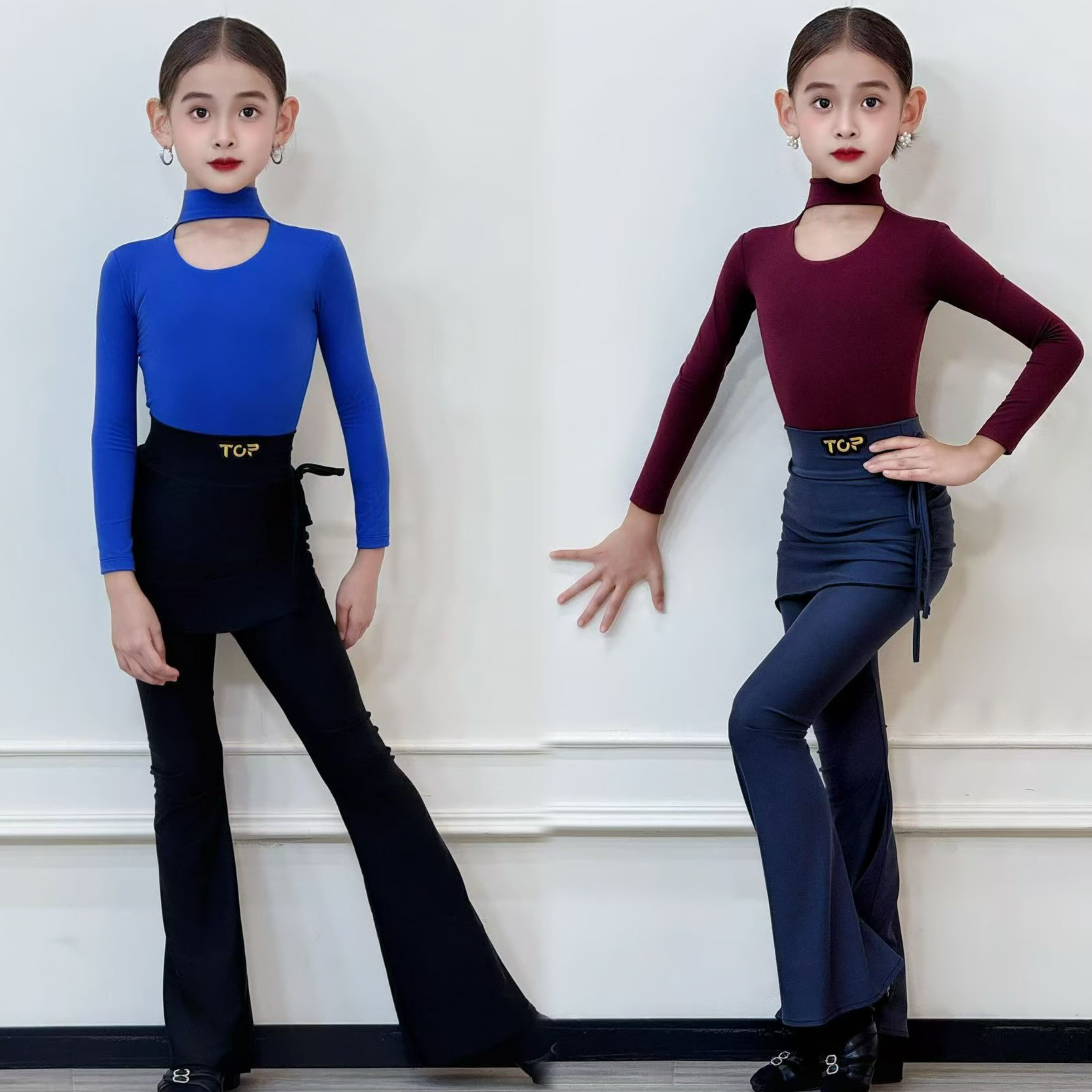 Top舞服少儿拉丁舞秋冬长袖裤裙百搭练习服瑜伽裤专业设计挂脖