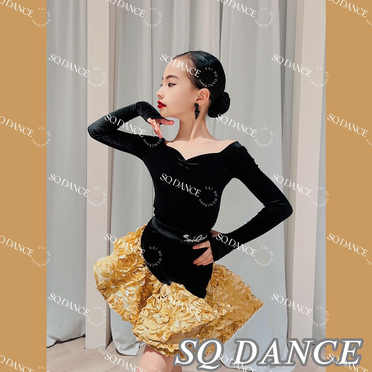 SQ舞服少儿拉丁舞金色大摆包臀长袖秋冬练习服跳舞表演班服女童
