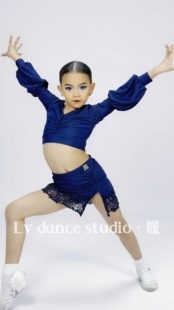 履舞服拉丁舞少儿女童长袖分体蕾丝边短裙泡泡袖恰恰伦巴练习服