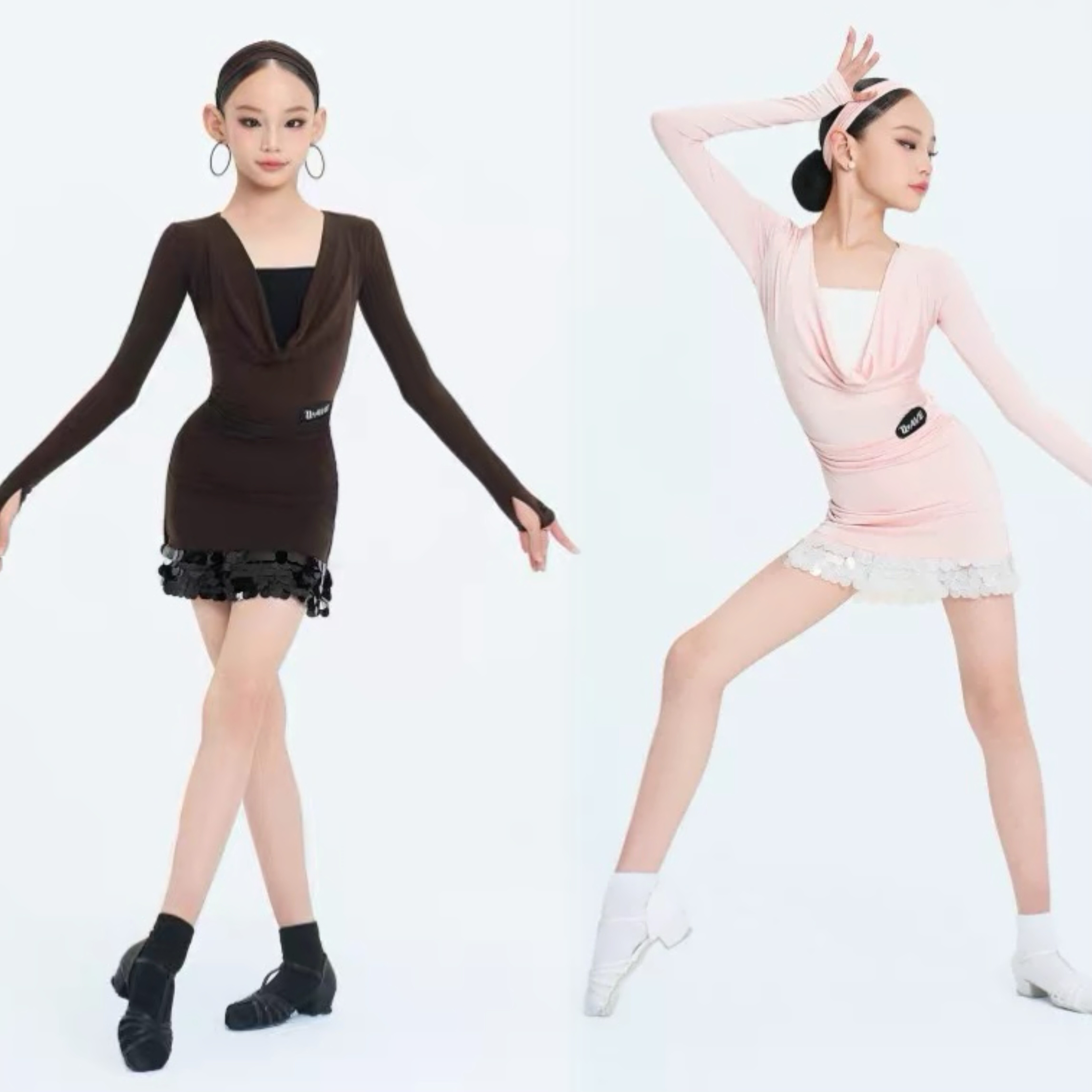 未午WAVE舞服少儿拉丁舞2026秋冬长袖派对蜜钥亮片褶皱练习服女童