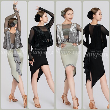 sswang舞服女士拉丁舞桑老师纱网钻石绒荡片长袖鱼尾裙练习服