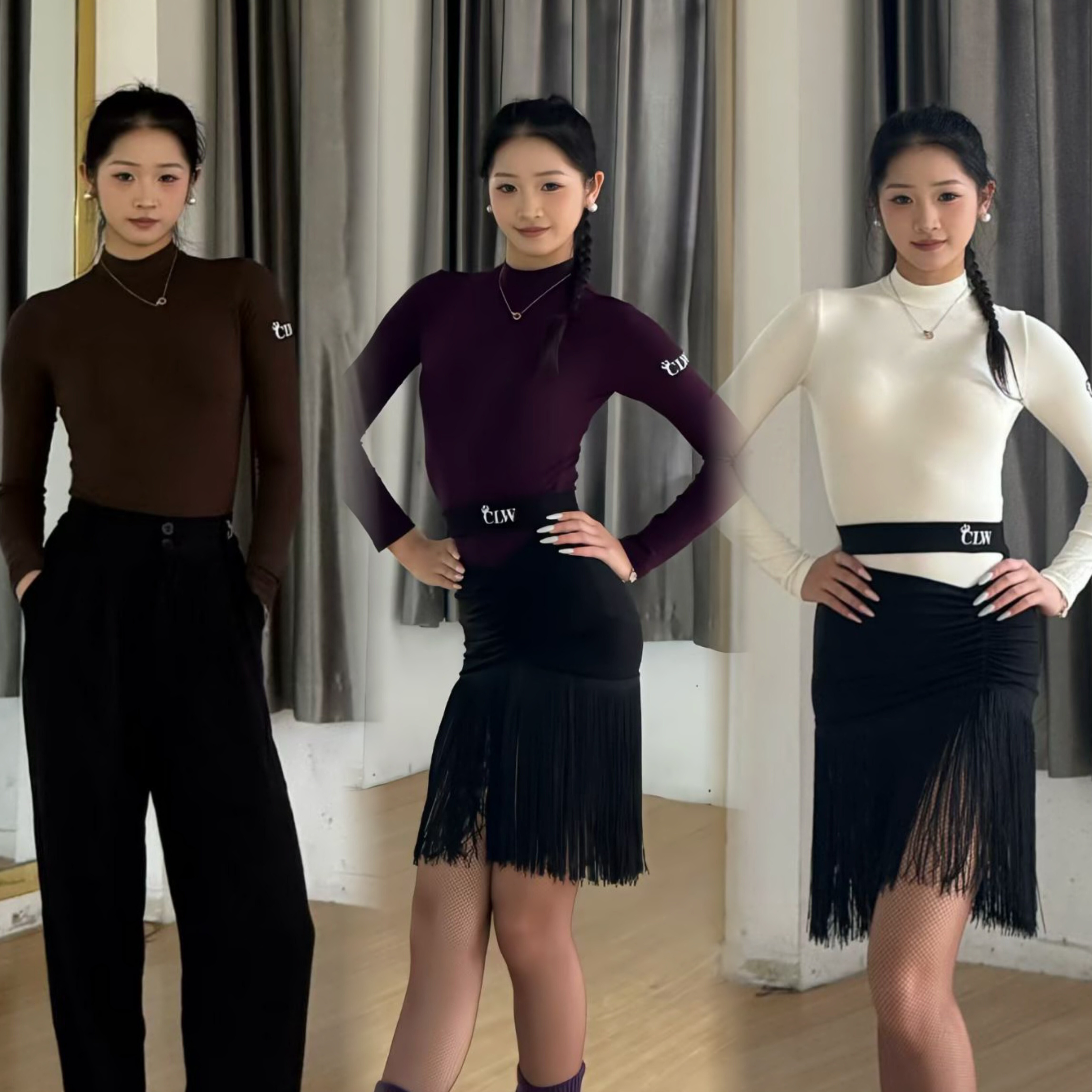 CLW舞服拉丁舞女士秋冬高领长袖基础款上衣百搭教师服练习服跳舞