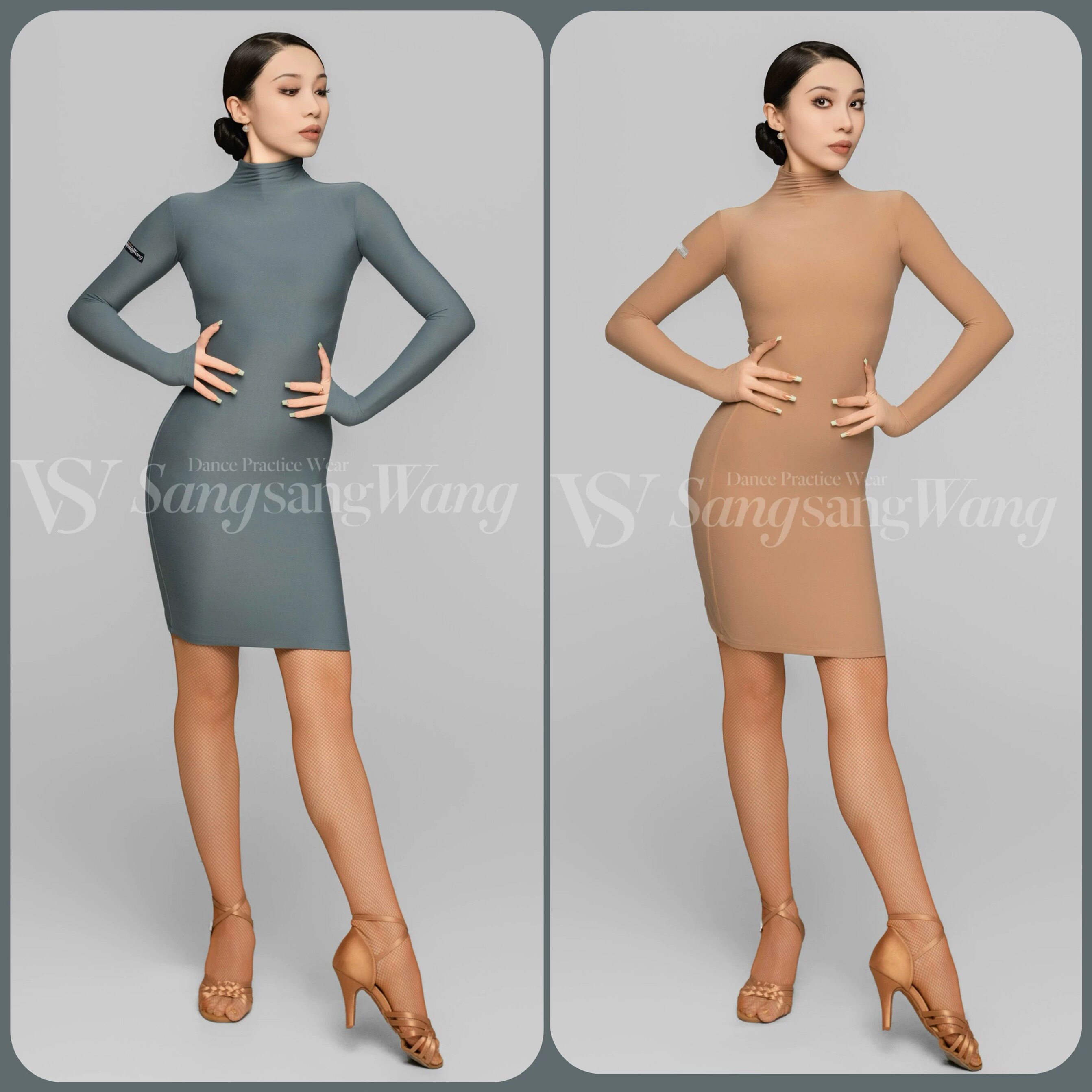 sswang舞服拉丁舞女士桑老师超轻薄高领长袖连衣裙梨型跳舞专业
