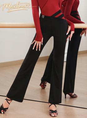 拉丁舞服秋冬豹纹镂空黑色微喇裤修身显瘦高级感练功服成人女