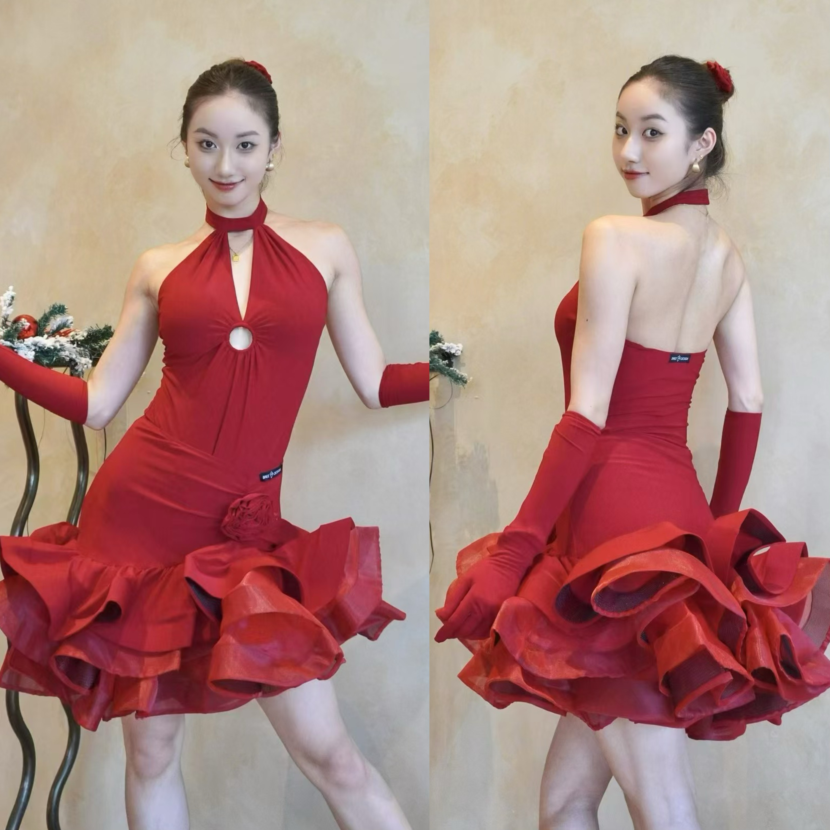 Breedesign舞服拉丁舞红玫瑰鱼骨大摆显白仙女套装手套演出服花服
