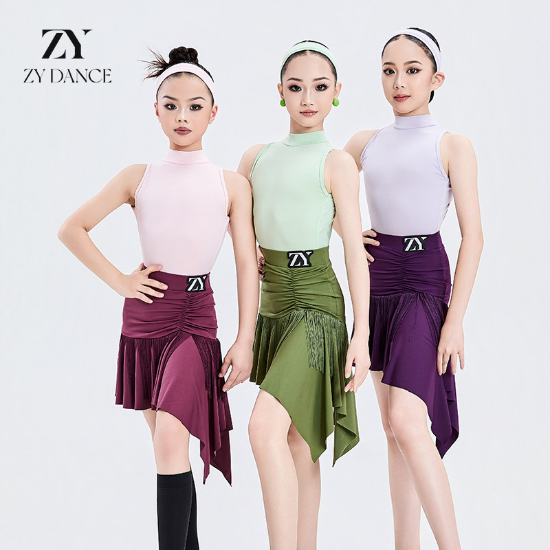 ZY舞服夏季少儿拉丁舞服女童无袖短裙分体套装练功服表演服露背