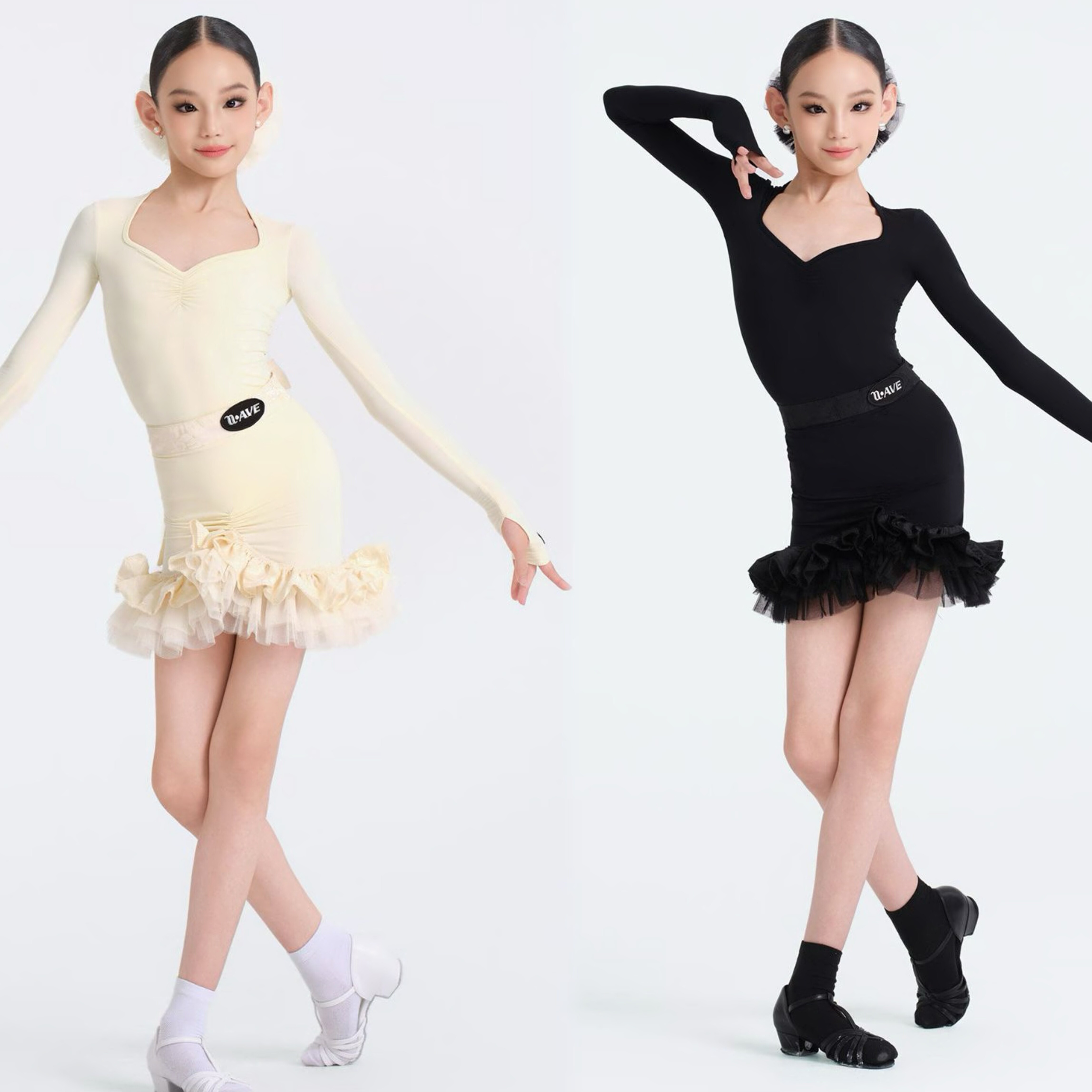 wave未午舞服少儿拉丁舞秋冬花予香颂长袖精致女童跳舞蕾丝方领