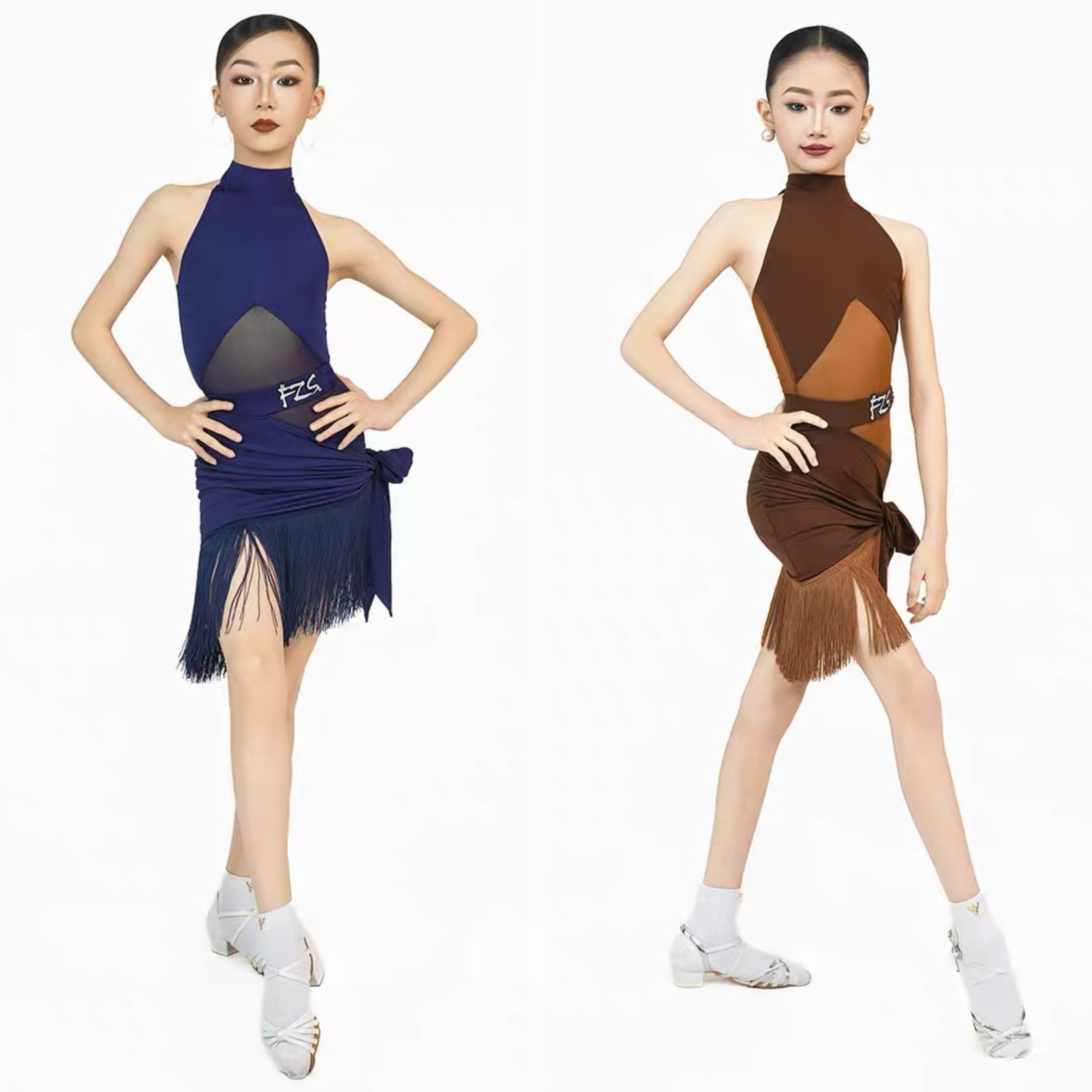 FZS舞服少儿拉丁舞2026新品夏季女水晶棉麻拼接网纱流苏套装