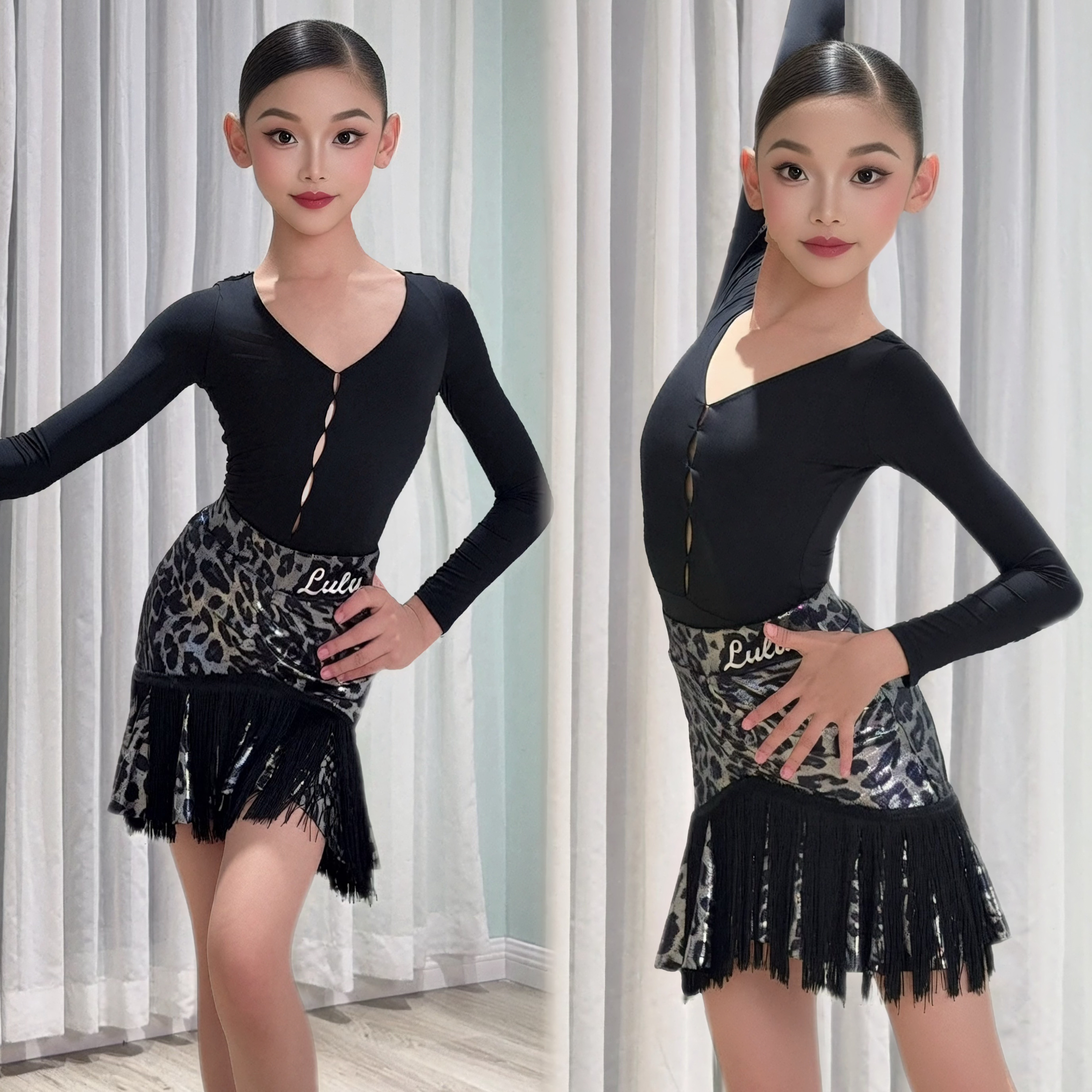 LuLU舞服少儿拉丁舞长袖秋冬闪光豹纹流苏镂空v领套装练习服女童