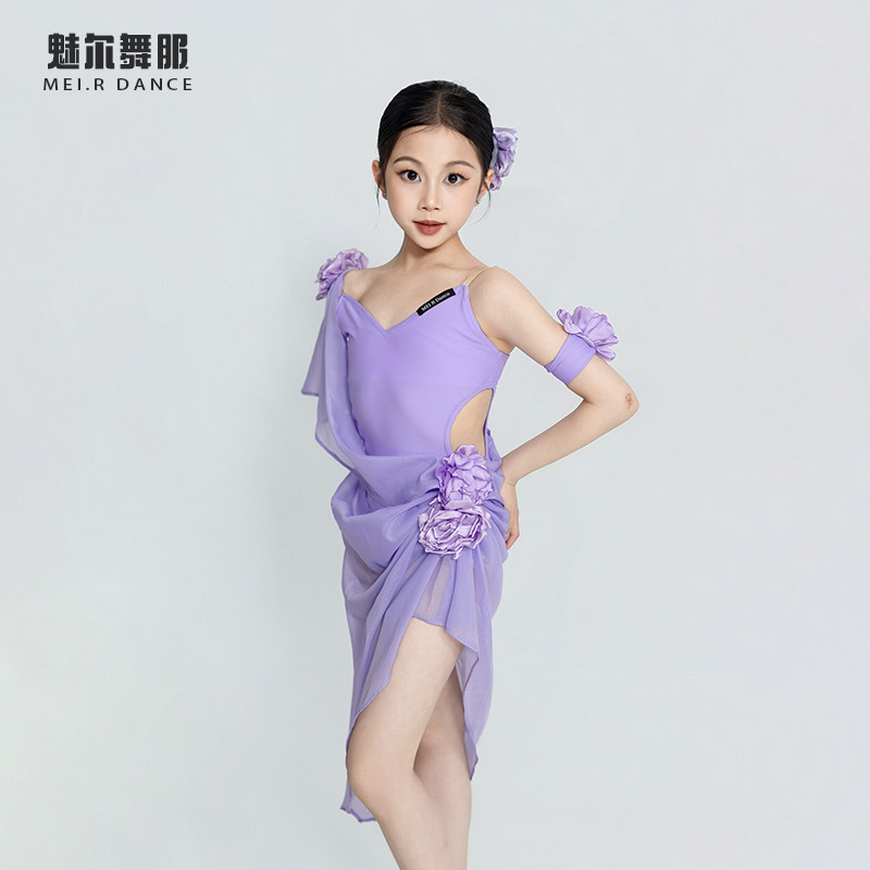 魅儿M601137儿童拉丁舞训练习表演出服装女童拉丁舞服透视款