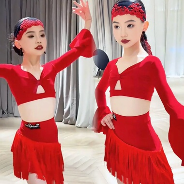 SQ舞服少儿拉丁舞红色中国红流苏分体表演服圣诞春节新年练习服