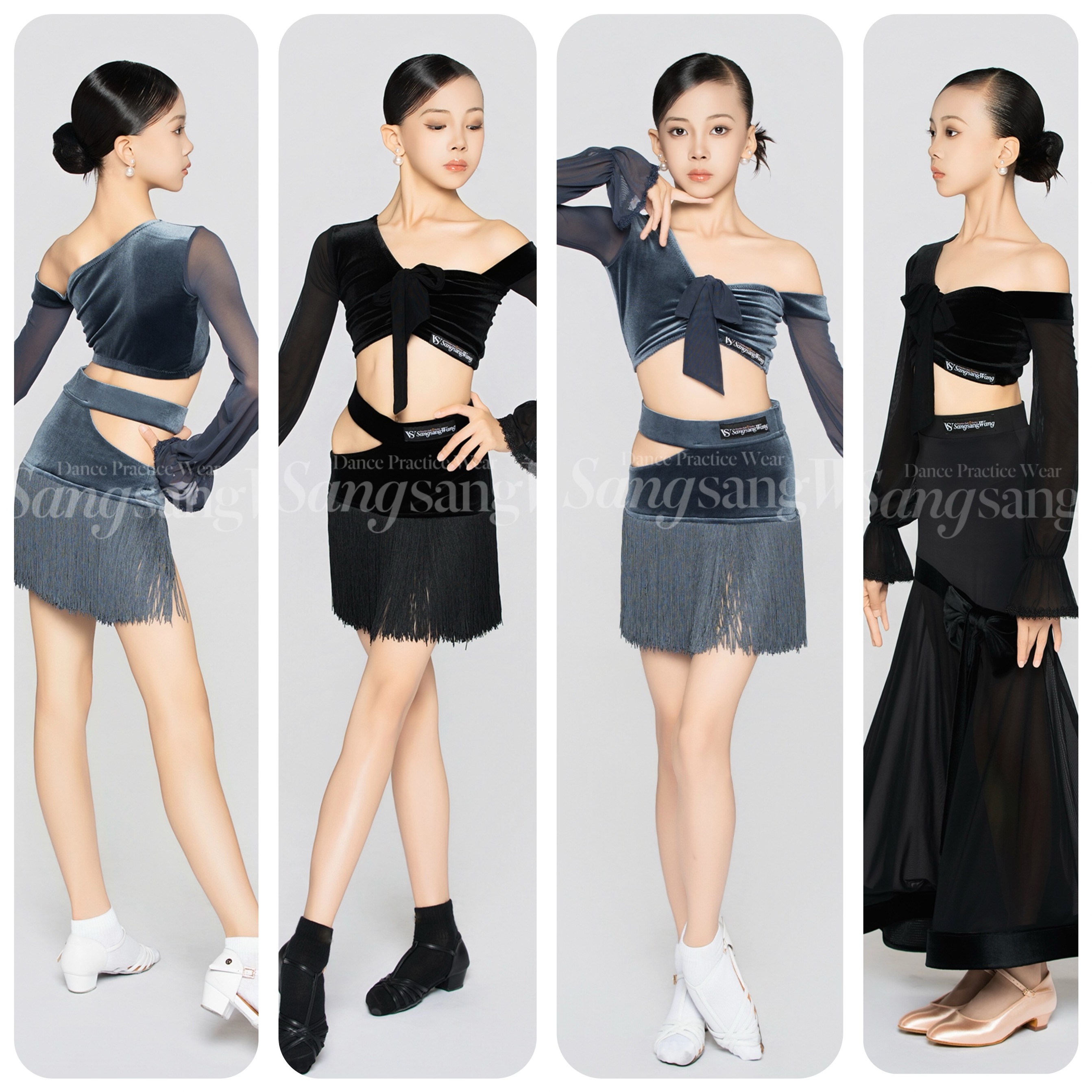 sswang舞服少儿拉丁舞秋冬镂空丝绒喇叭袖短上衣流苏练习服女童