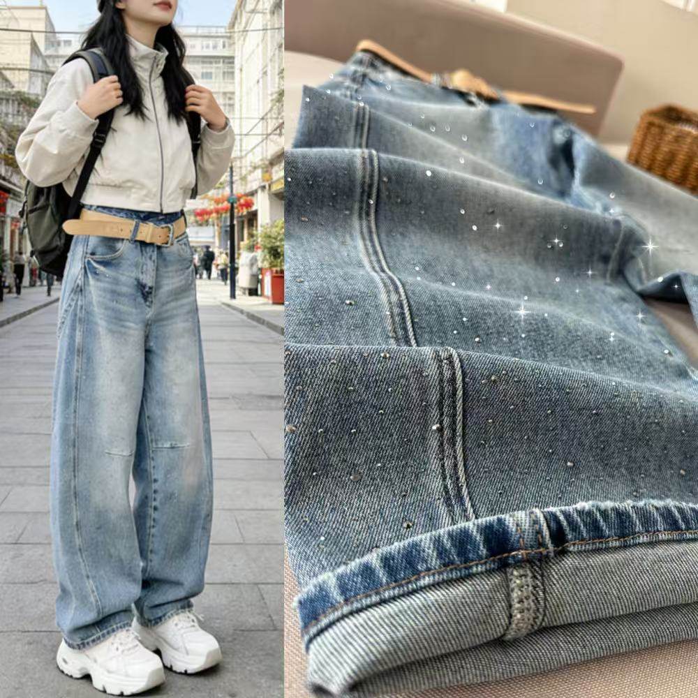 2026春新款阔腿牛仔弯刀裤宽松百搭烫钻满天星牛仔裤女时尚拖地裤