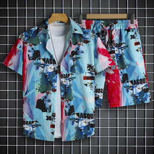 冰丝新款宽松短袖t恤男士短裤潮流休闲旅游情侣时尚穿搭套装