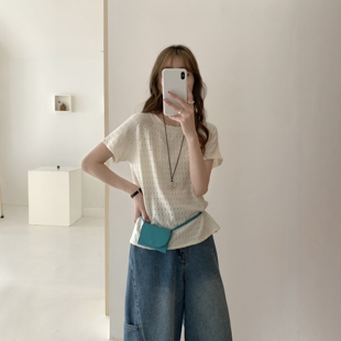 T恤女百搭上衣 韩系宽松显瘦圆领镂空细羊毛针织短袖 2026春季 新款