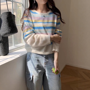 2026春季新款韩系氛围感圆领插肩彩条拼色马海毛针织衫女百搭上衣