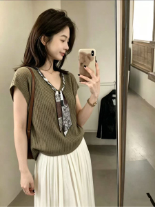 显瘦丝巾亚麻挑孔针织衫短袖百搭