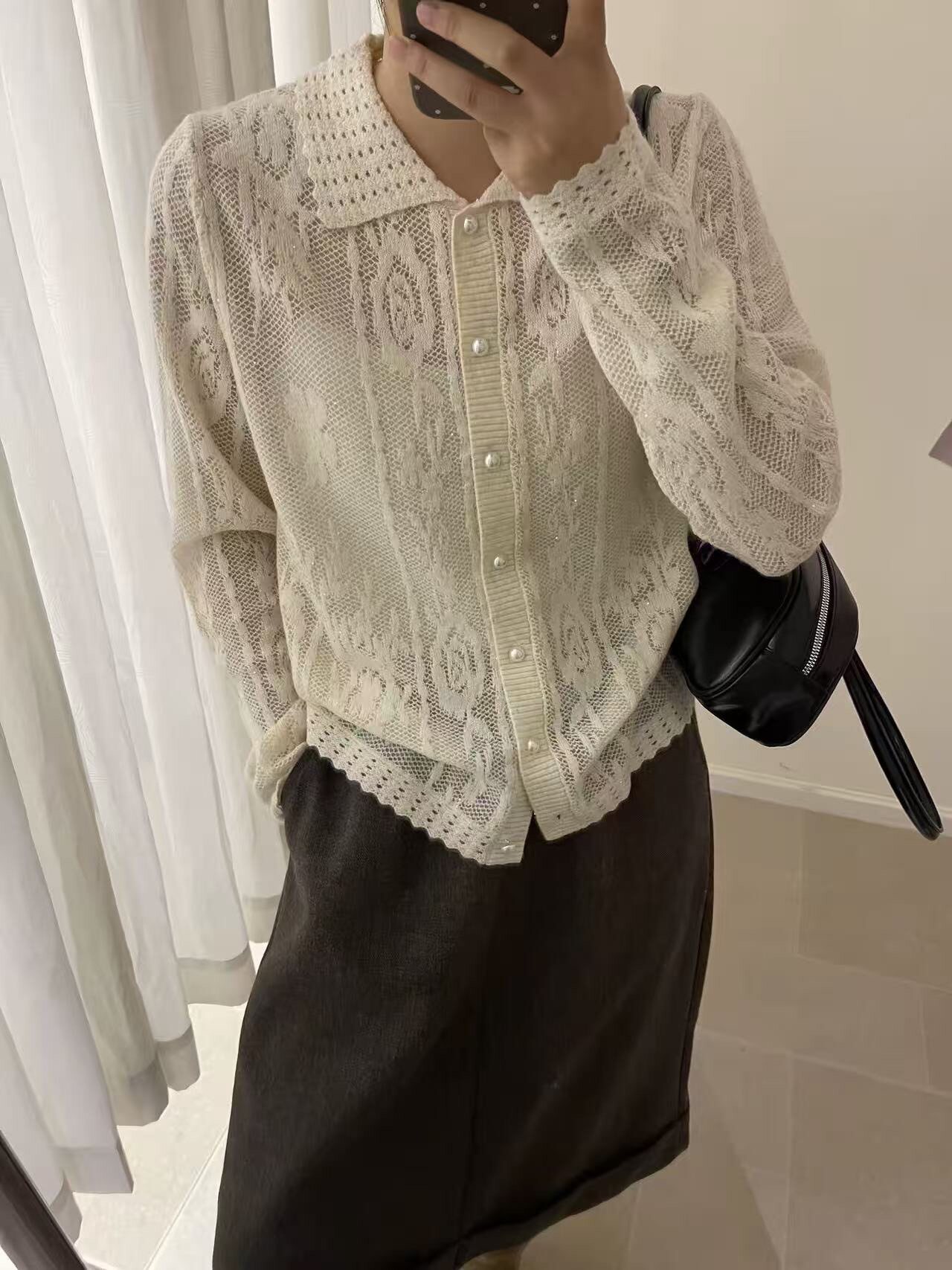 显瘦翻领钩花羊毛欧根纱针织开衫