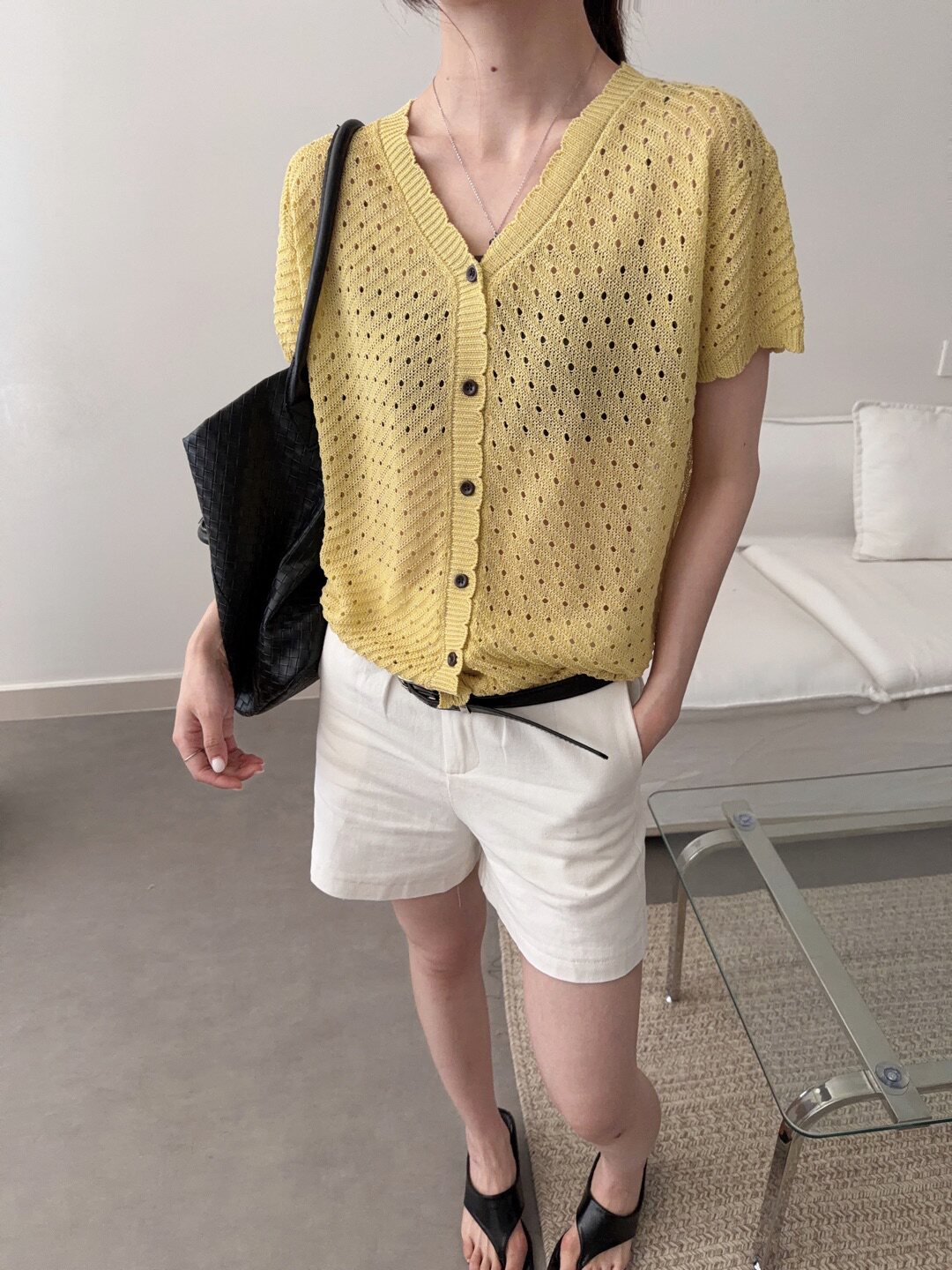 2026夏季新款韩系宽松显瘦V领大版珍珠麻针织短袖女百搭薄款上衣