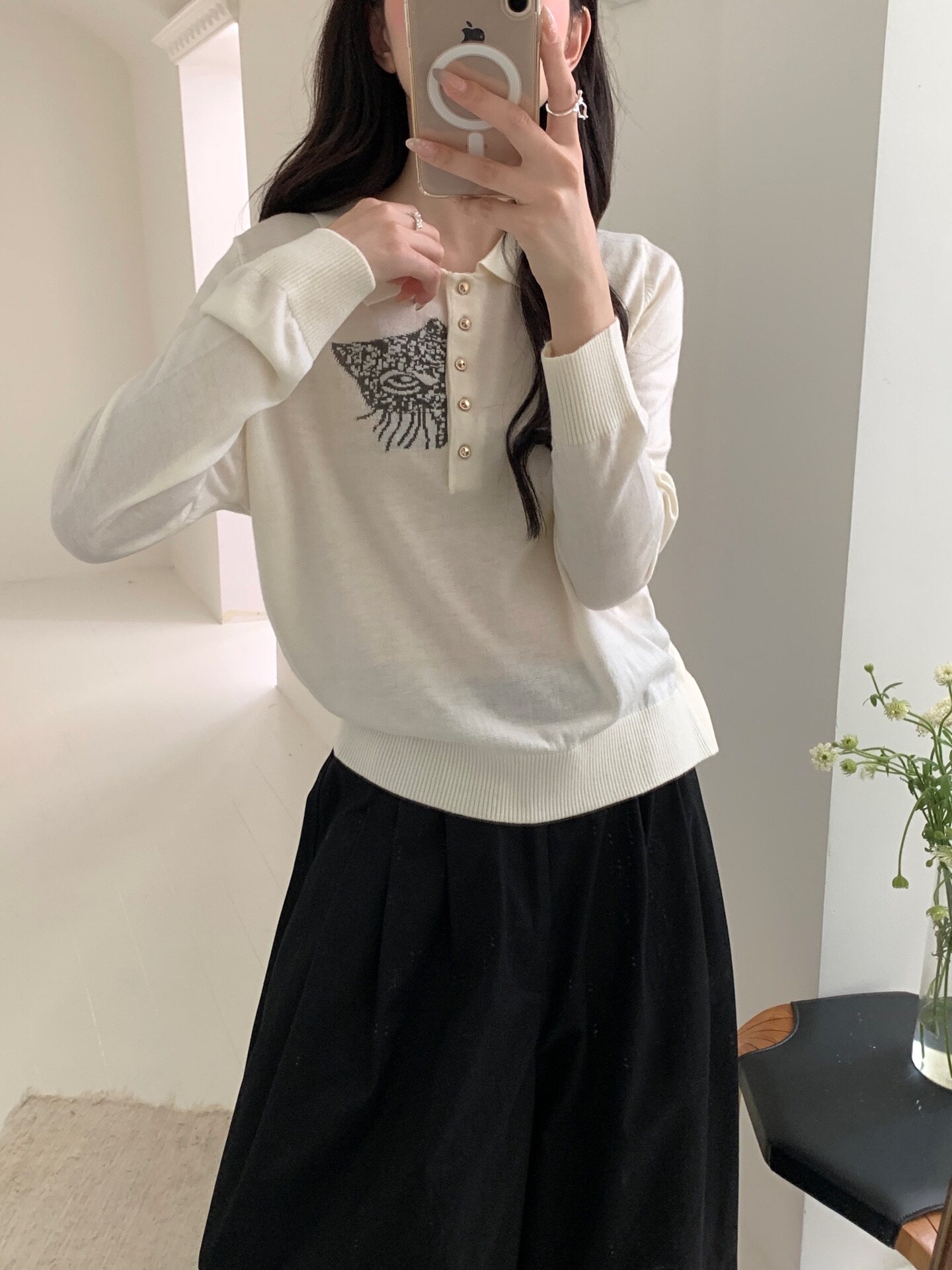 显瘦翻领猫咪刺绣细羊毛针织开衫