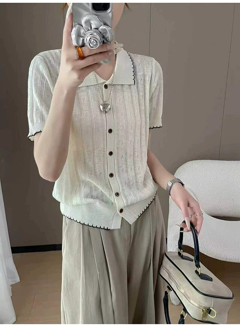 2026夏季新款韩系宽松显瘦翻领天丝亚麻针织开衫短袖女薄款上衣潮