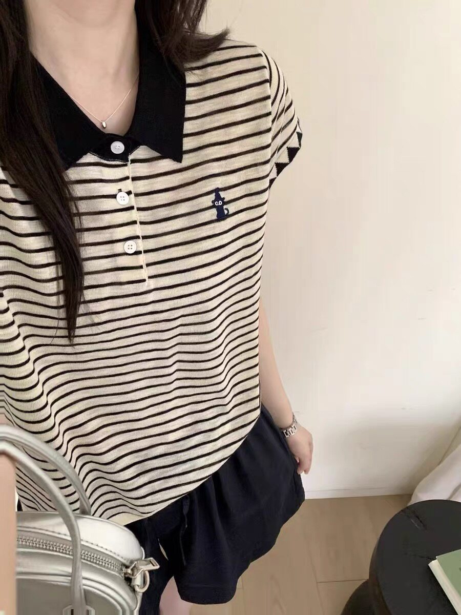 显瘦翻领条纹刺绣天丝麻针织短袖