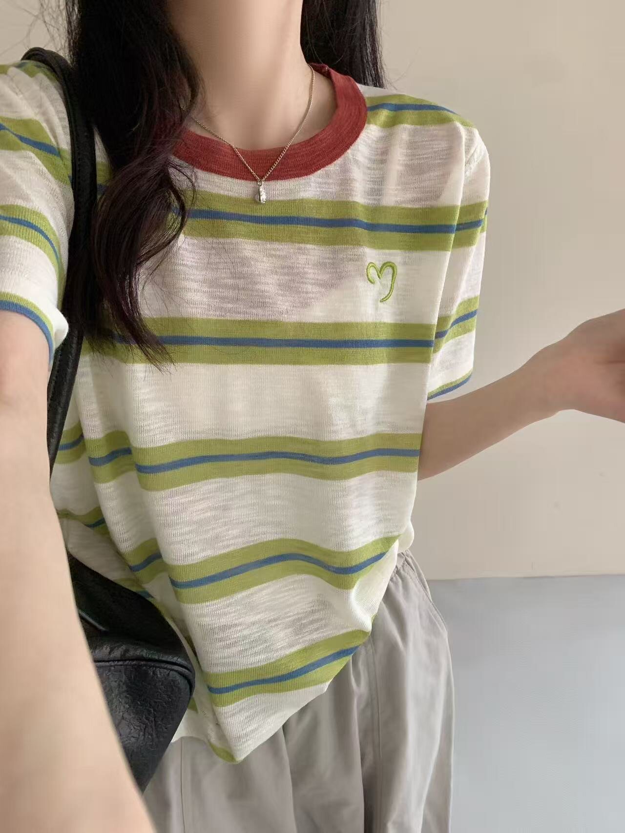 显瘦条纹刺绣天丝麻针织短袖薄款