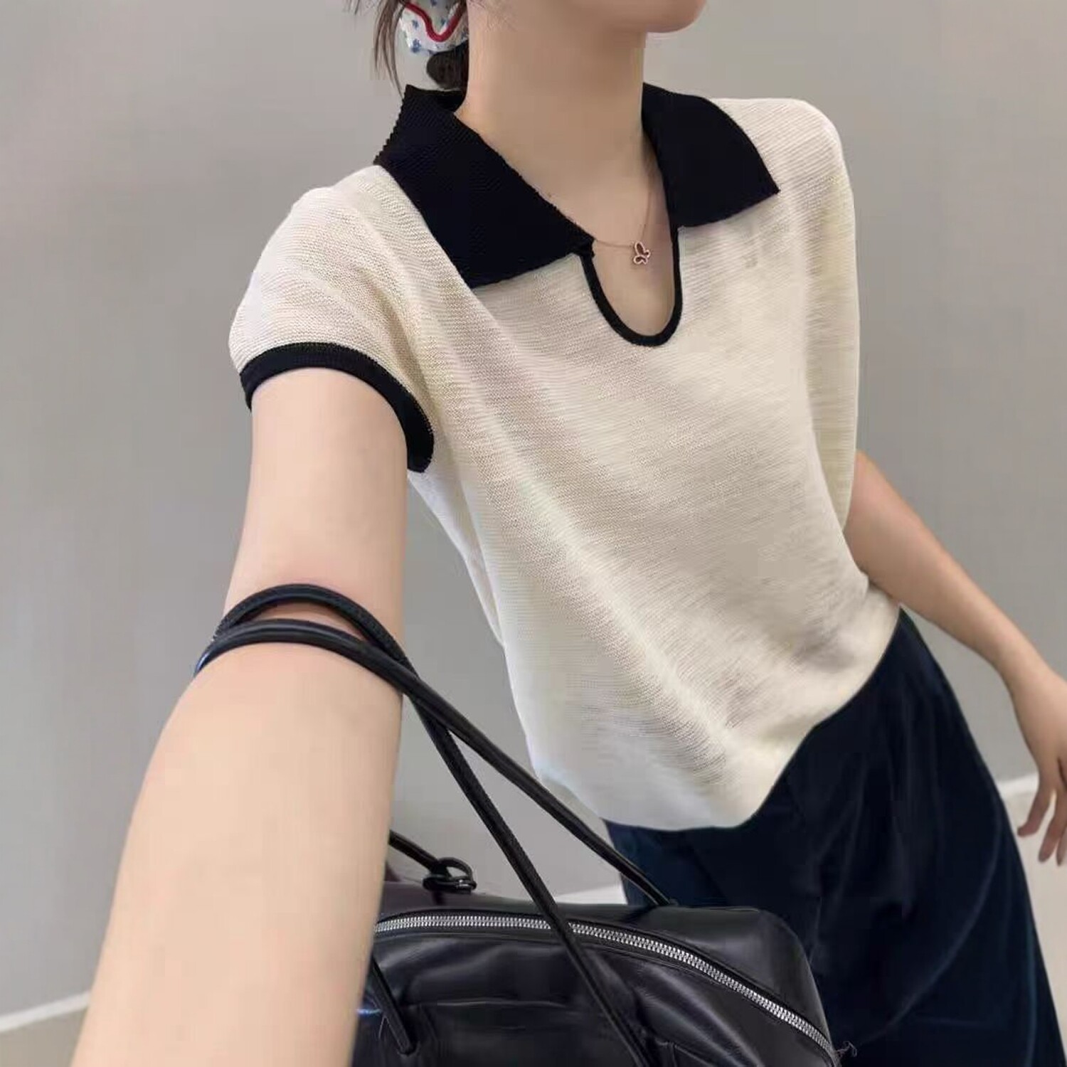 2026春季新款韩系宽松显瘦翻领撞色天丝针织短袖T恤衫女百搭上衣