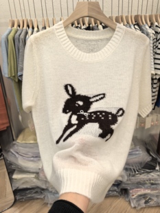 T恤女百搭上衣 韩系宽松圆领卡通小鹿丝羊绒针织短袖 2026春季 新款