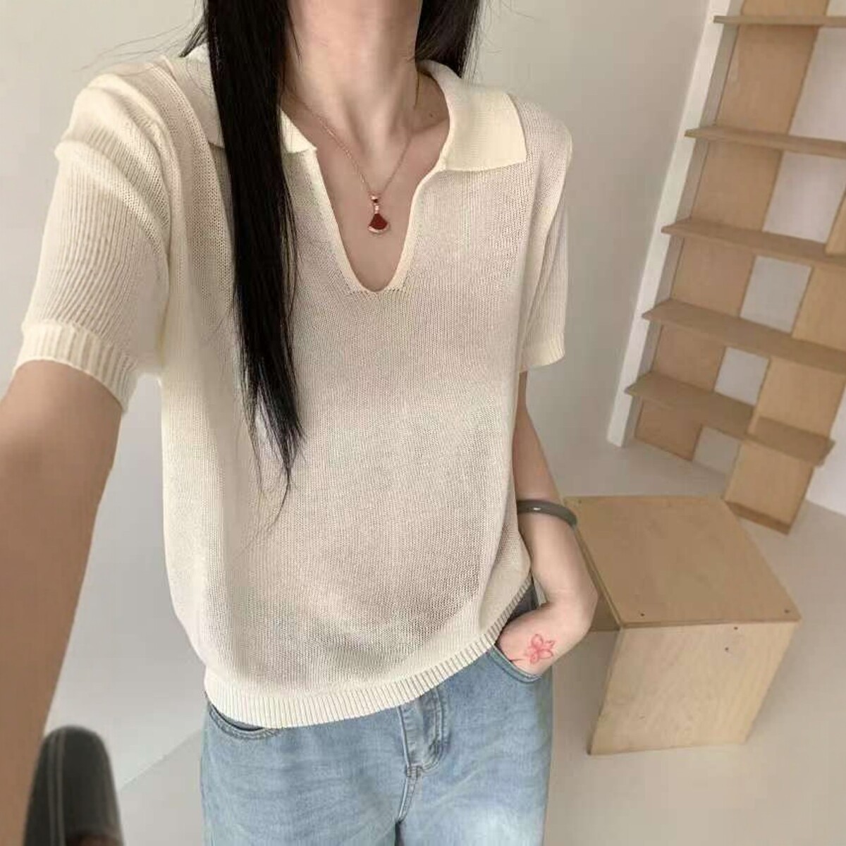 2026春季新款韩系宽松显瘦翻领天丝亚麻针织短袖T恤衫女百搭上衣