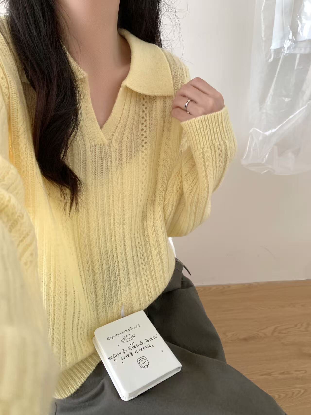 显瘦翻领镂空全羊毛针织毛衣百搭