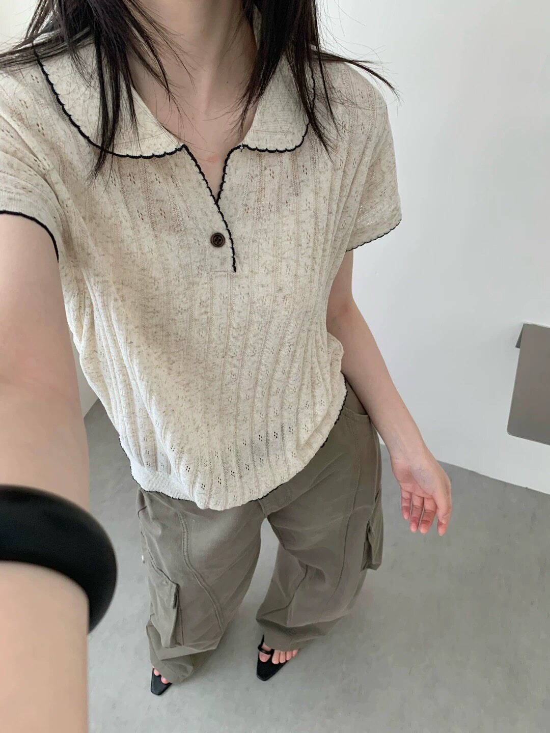 显瘦翻领镂空天丝麻针织短袖百搭