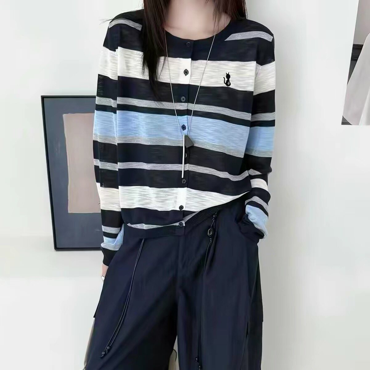条纹天丝麻针织开衫女薄款防晒衣