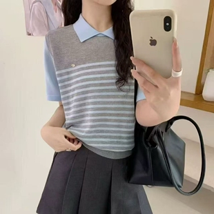 2026夏季新款韩系宽松显瘦翻领假两件天丝竹节麻针织短袖女款上衣