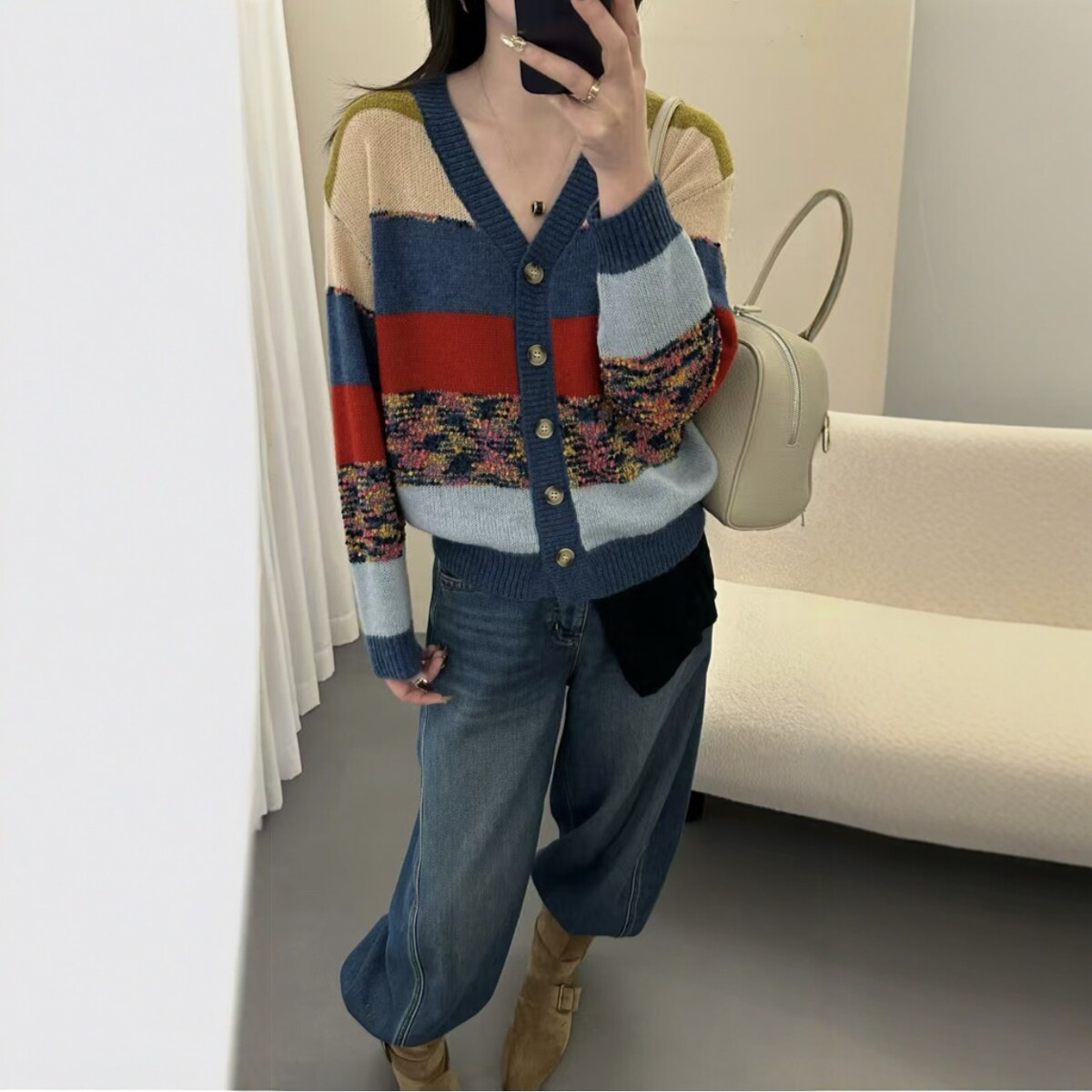 2026春季新款韩系宽松V领复古撞色马海毛针织开衫女百搭上衣外套