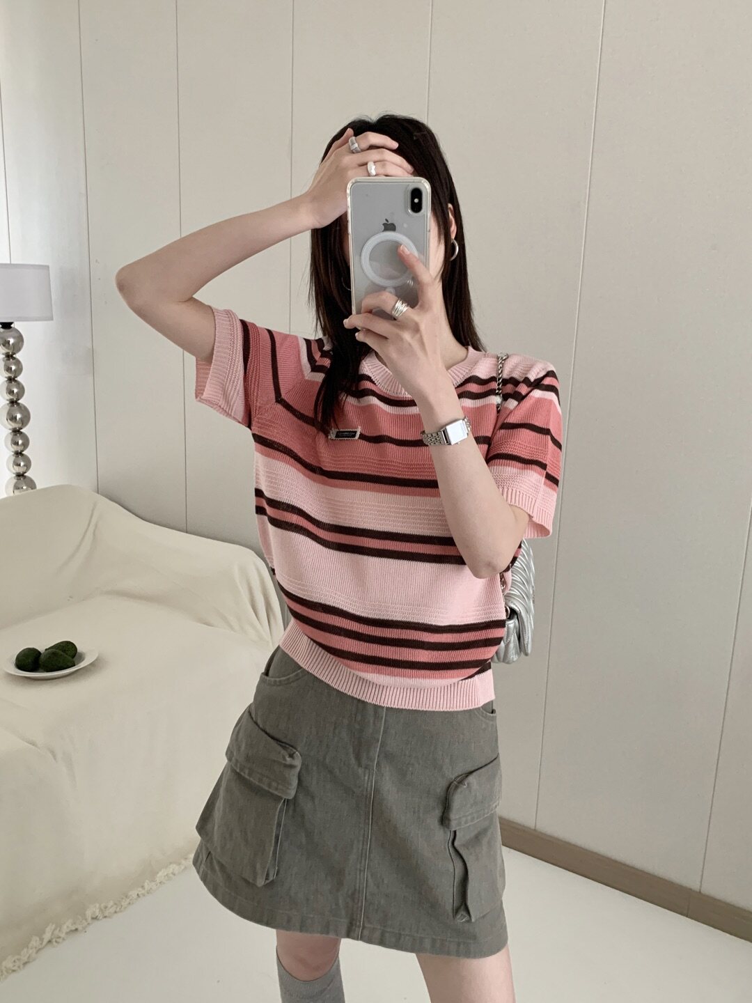 显瘦圆领撞色亚麻针织短袖T恤衫